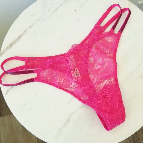 Victoria's Secret Very Sexy Pink Lace Rhinestone Crystal Strap Thong Panty NWT - Picture 11 of 12